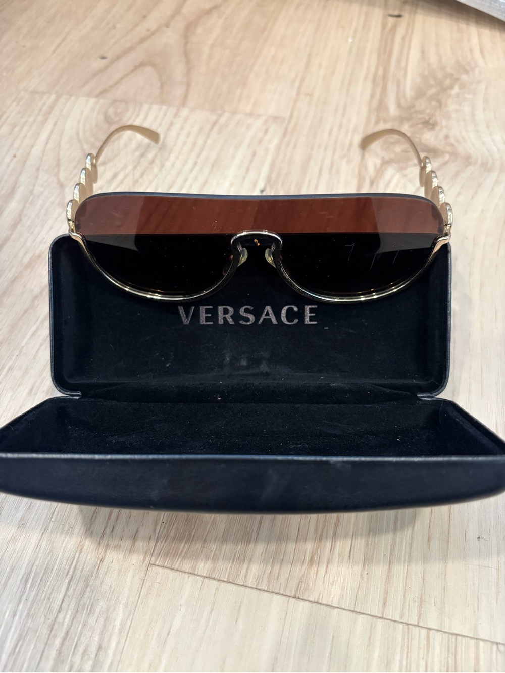 Versace Gold Frame Brown Lens Shield Sunglasses
